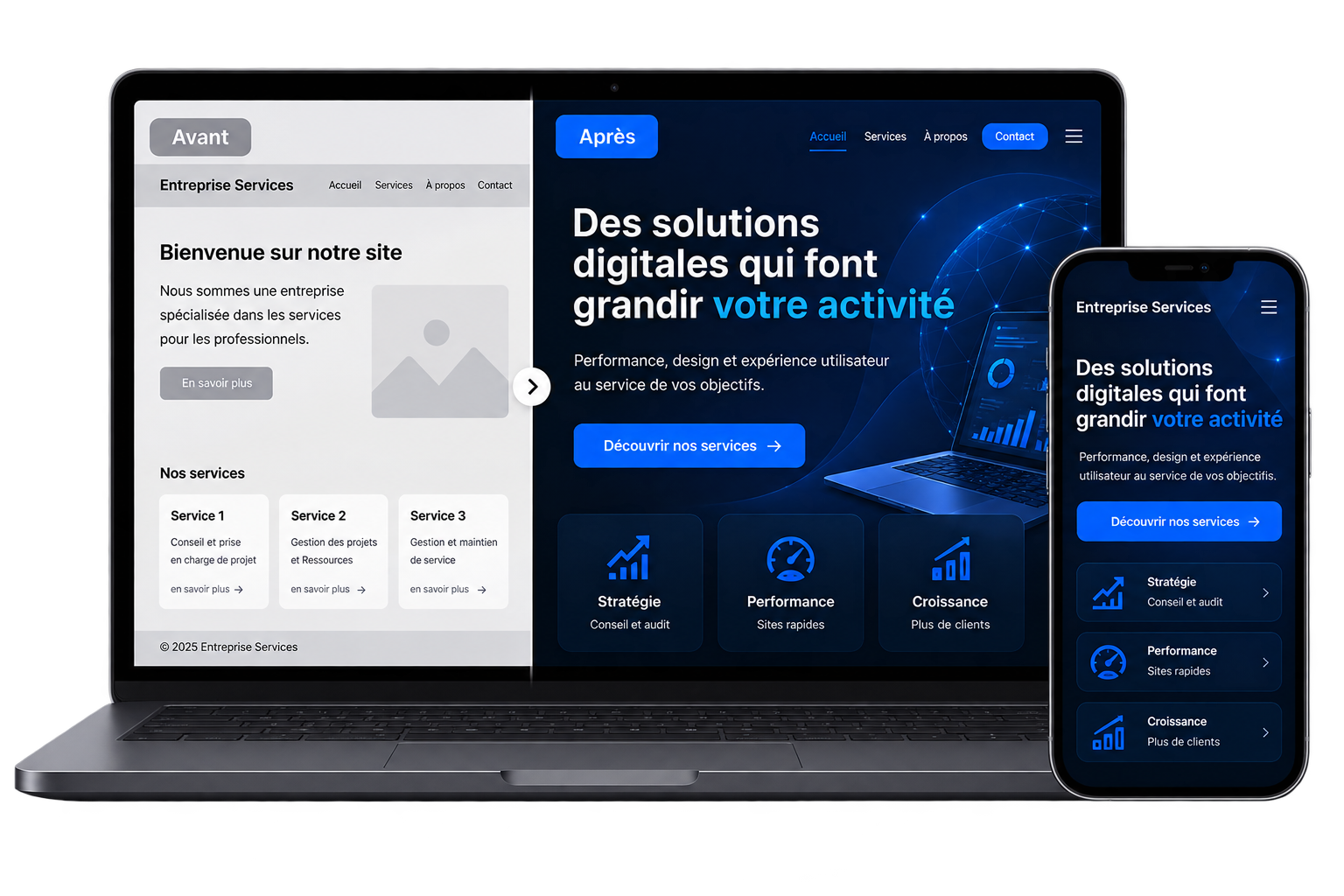 Comparatif avant/après d'une refonte de site Devofast